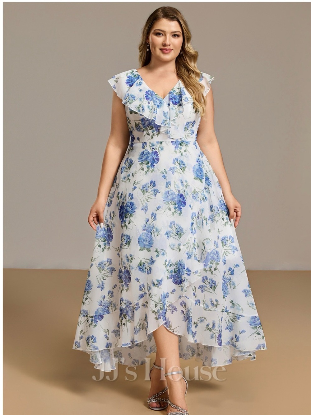 JJs House Blue and White Floral High-Low Ruffle V-Neck Dress